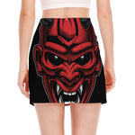 Red Japanese Demon Mask Print Side Slit Mini Skirt