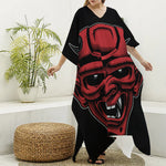 Red Japanese Demon Mask Print Silk V-Neck Kaftan Dress