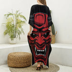 Red Japanese Demon Mask Print Silk V-Neck Kaftan Dress
