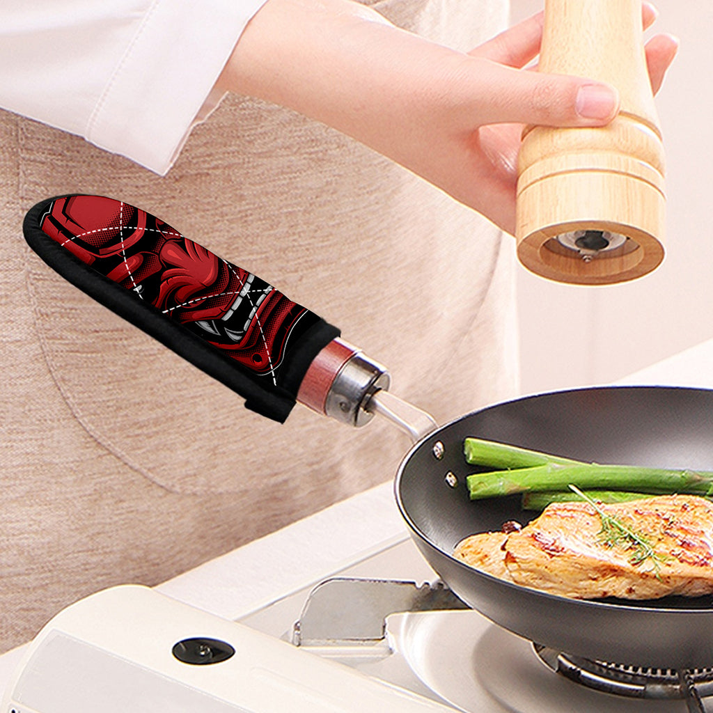 Red Japanese Demon Mask Print Skillet Handle Cover