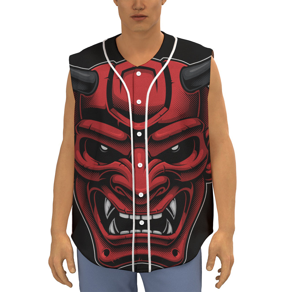 Red Japanese Demon Mask Print Sleeveless Baseball Jersey