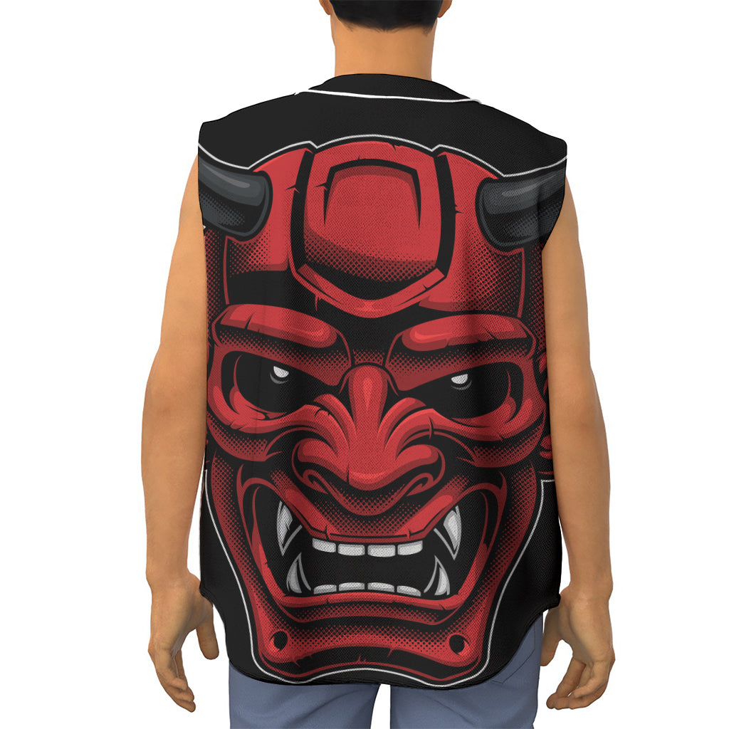 Red Japanese Demon Mask Print Sleeveless Baseball Jersey