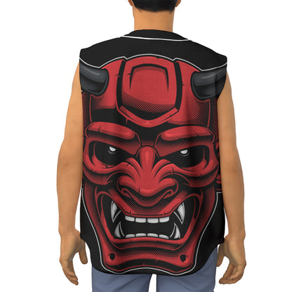 Red Japanese Demon Mask Print Sleeveless Baseball Jersey