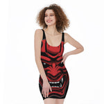 Red Japanese Demon Mask Print Sleeveless Bodycon Dress