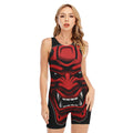 Red Japanese Demon Mask Print Sleeveless One Piece Swimsuit