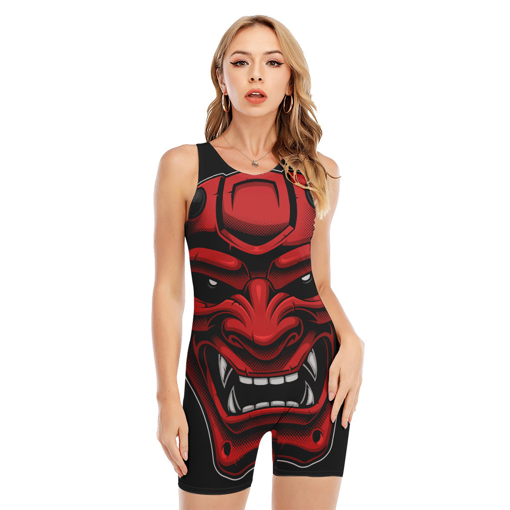 Red Japanese Demon Mask Print Sleeveless One Piece Swimsuit