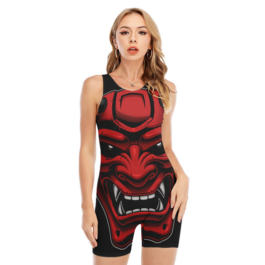 Red Japanese Demon Mask Print Sleeveless One Piece Swimsuit