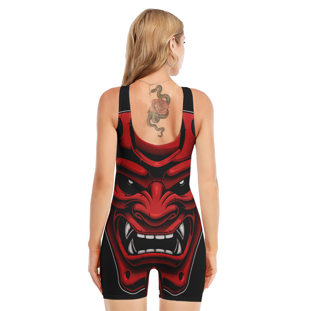 Red Japanese Demon Mask Print Sleeveless One Piece Swimsuit