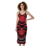 Red Japanese Demon Mask Print Slim Fit Midi Cami Dress