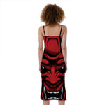 Red Japanese Demon Mask Print Slim Fit Midi Cami Dress