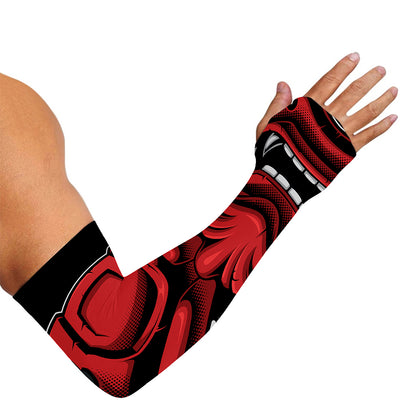 Red Japanese Demon Mask Print Sun Protection Arm Sleeves