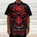 Red Japanese Demon Mask Print Textured Short Sleeve Shirt