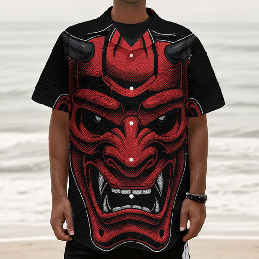 Red Japanese Demon Mask Print Textured Short Sleeve Shirt