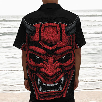 Red Japanese Demon Mask Print Textured Short Sleeve Shirt