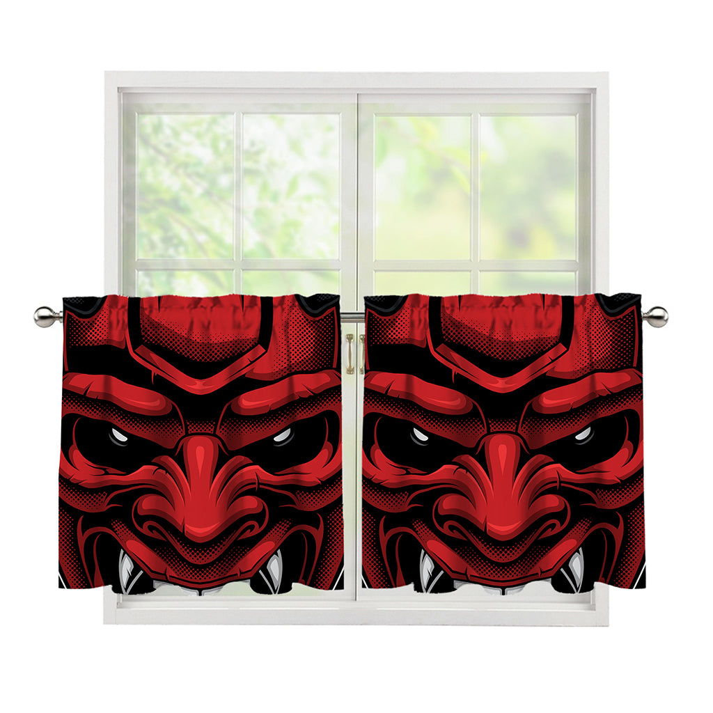 Red Japanese Demon Mask Print Tier Curtains