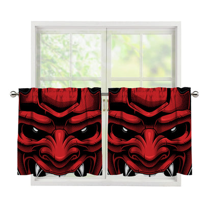 Red Japanese Demon Mask Print Tier Curtains