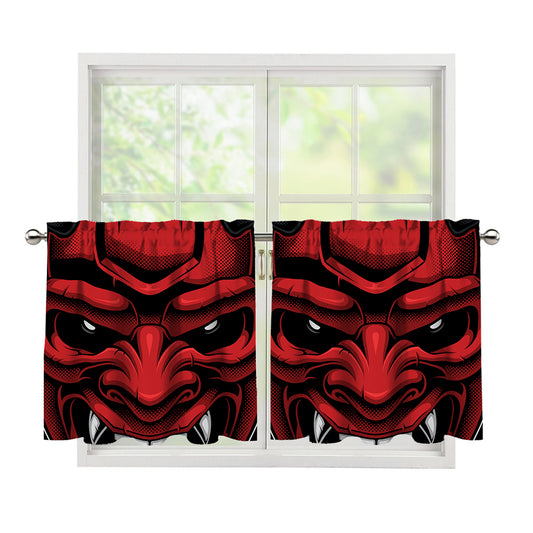 Red Japanese Demon Mask Print Tier Curtains