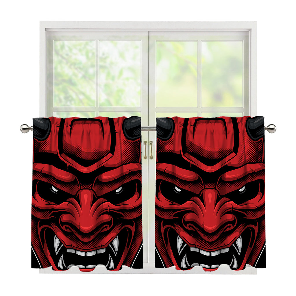 Red Japanese Demon Mask Print Tier Curtains