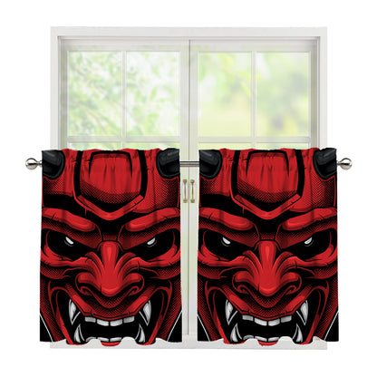 Red Japanese Demon Mask Print Tier Curtains