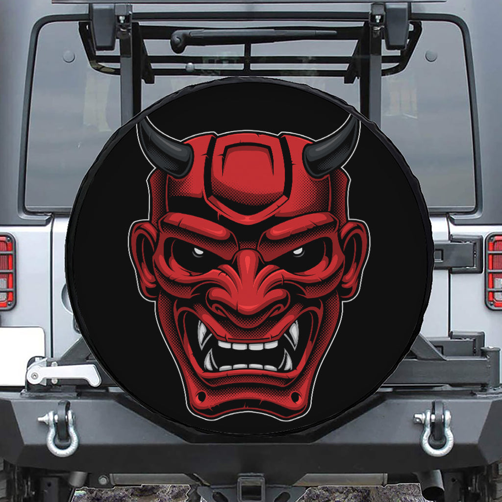 Red Japanese Demon Mask Print Tire Cover