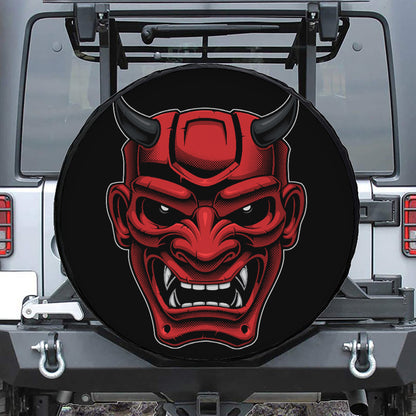 Red Japanese Demon Mask Print Tire Cover