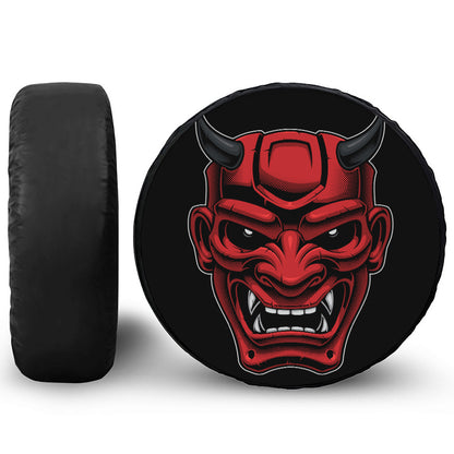 Red Japanese Demon Mask Print Tire Cover