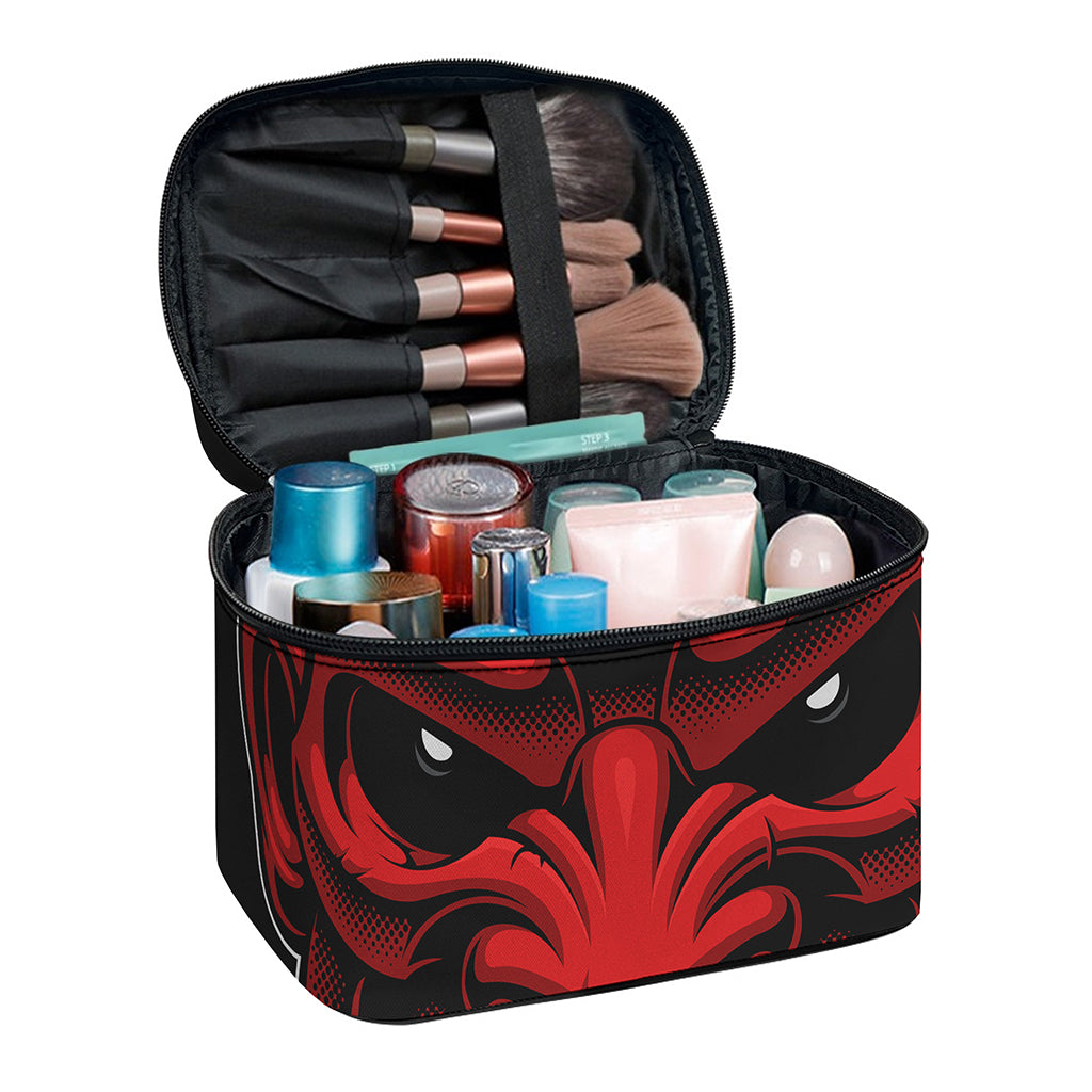 Red Japanese Demon Mask Print Travel Makeup Bag