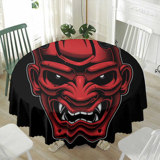 Red Japanese Demon Mask Print Waterproof Round Tablecloth