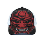 Red Japanese Demon Mask Print White Mesh Trucker Cap
