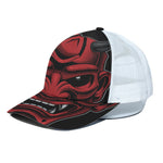 Red Japanese Demon Mask Print White Mesh Trucker Cap