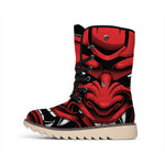Red Japanese Demon Mask Print Winter Boots