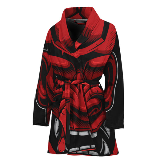 Red Japanese Demon Mask Print Women's Bathrobe