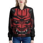 Red Japanese Demon Mask Print Women's Bomber Jacket