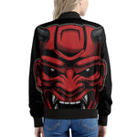 Red Japanese Demon Mask Print Women's Bomber Jacket