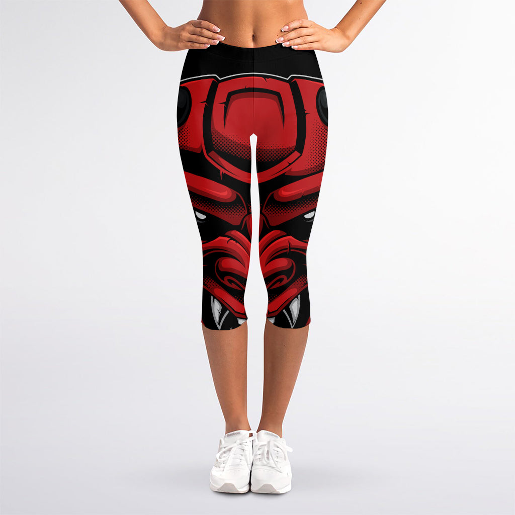 Red Japanese Demon Mask Print Women's Capri Leggings