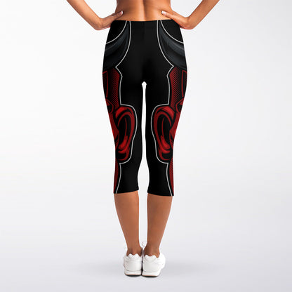 Red Japanese Demon Mask Print Women's Capri Leggings