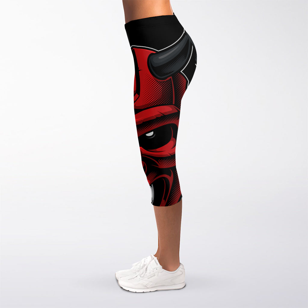 Red Japanese Demon Mask Print Women's Capri Leggings