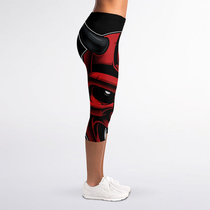 Red Japanese Demon Mask Print Women's Capri Leggings