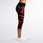 Red Japanese Demon Mask Print Women's Capri Leggings