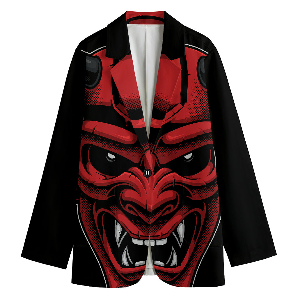 Red Japanese Demon Mask Print Women's Cotton Blazer