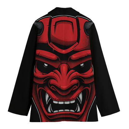 Red Japanese Demon Mask Print Women's Cotton Blazer