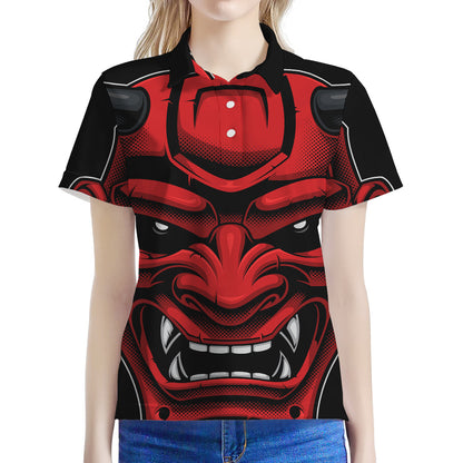 Red Japanese Demon Mask Print Women's Polo Shirt