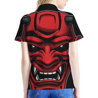 Red Japanese Demon Mask Print Women's Polo Shirt