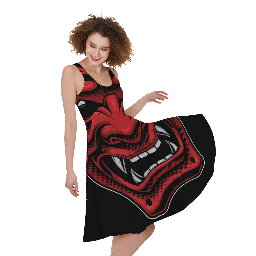 Red Japanese Demon Mask Print Women's Sleeveless Dress