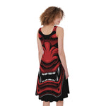 Red Japanese Demon Mask Print Women's Sleeveless Dress