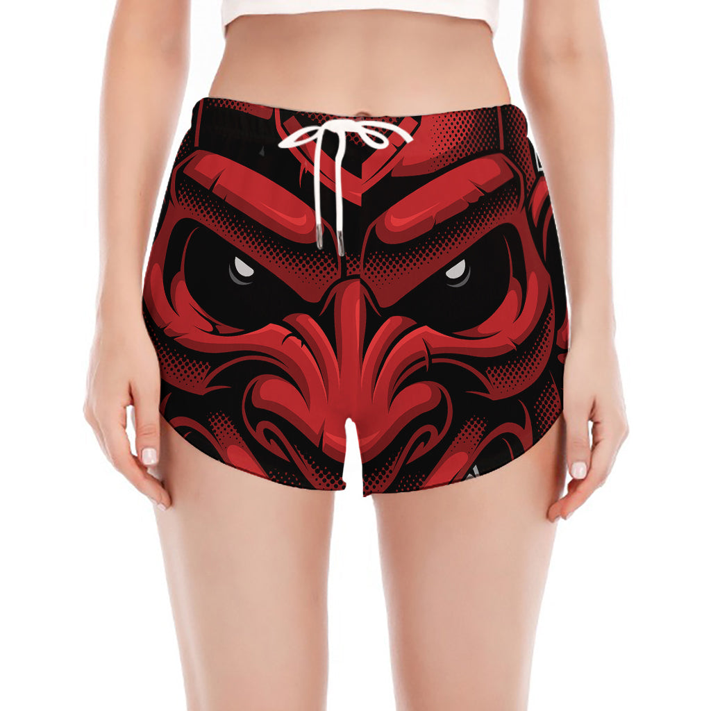 Red Japanese Demon Mask Print Women's Split Running Shorts