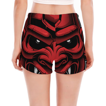 Red Japanese Demon Mask Print Women's Split Running Shorts