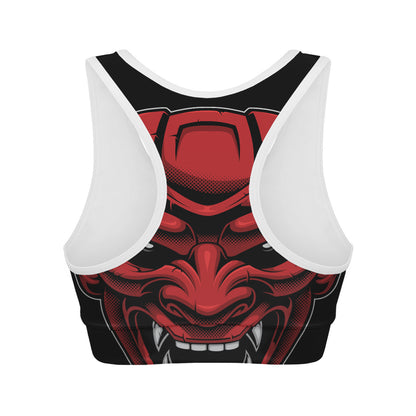 Red Japanese Demon Mask Print Women's Sports Bra