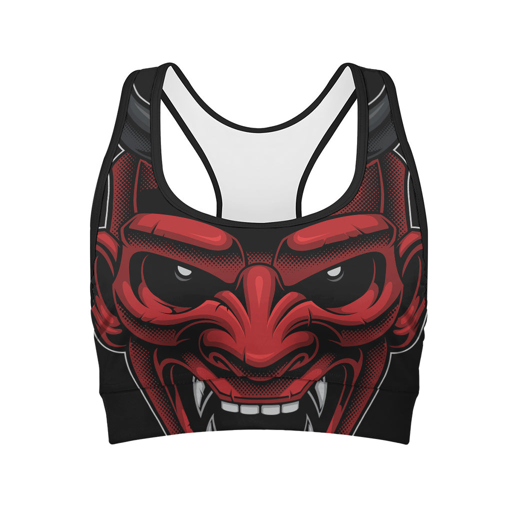 Red Japanese Demon Mask Print Women's Sports Bra