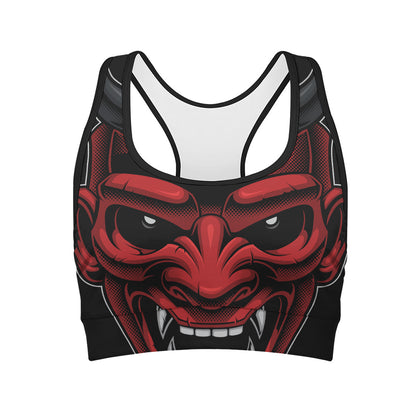 Red Japanese Demon Mask Print Women's Sports Bra